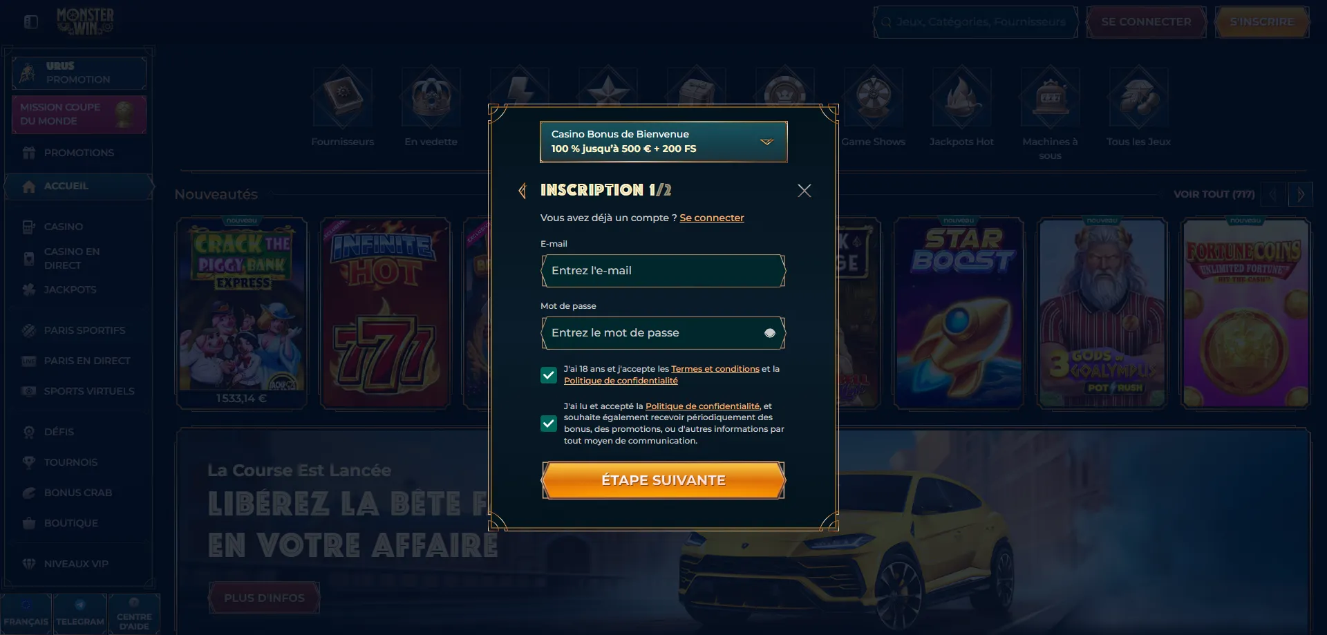 Registrazione account Monsterwin Casino Italia passo dopo passo