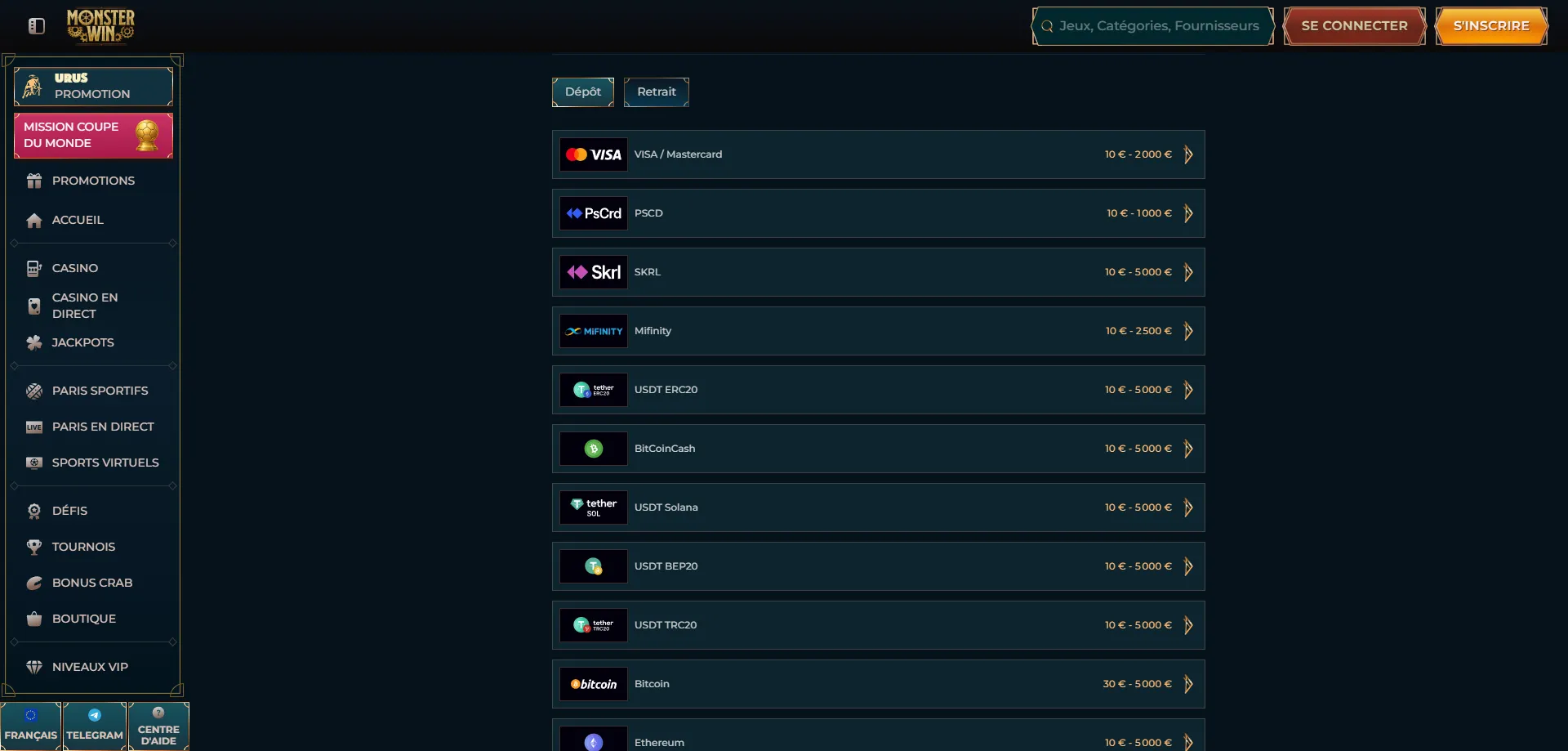 Metodi di pagamento Monsterwin deposito prelievo sicuro rapido