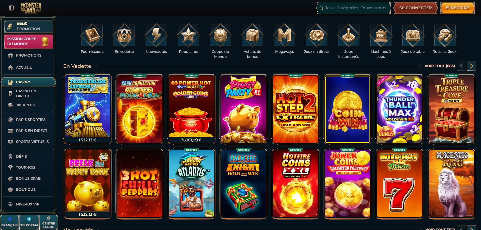 Collezione slot Monsterwin Casino giochi da 40 provider italiani